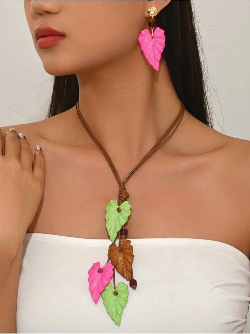 Handcrafted Leaf Pendant Necklace and Earrings Set - Pink, Green, Brown